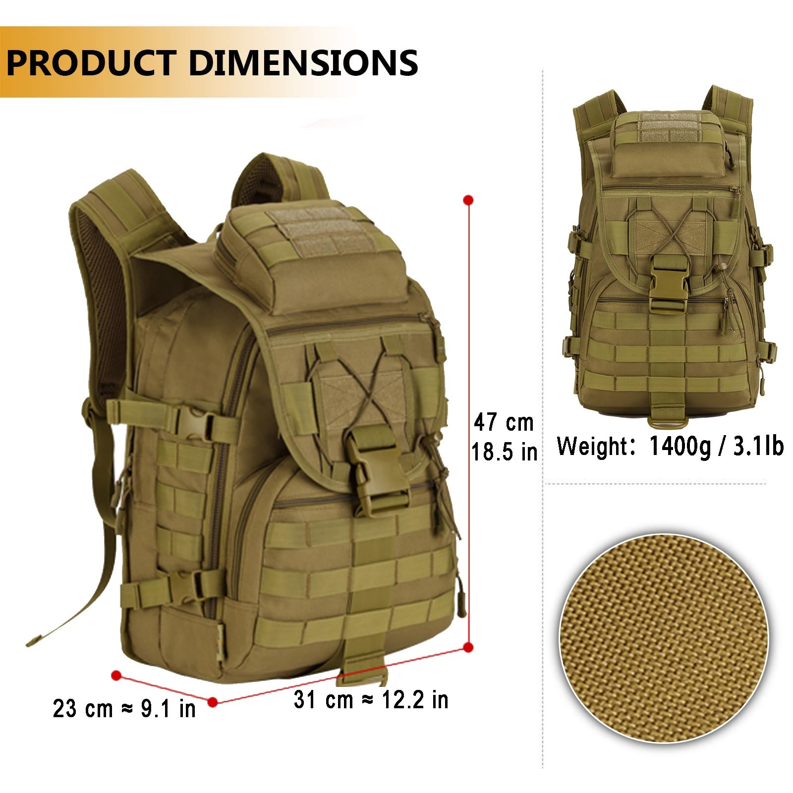 Borsa Tattica, Zaino Outdoor, Sacco da Trekking | 40L Grande Capacità Impermeabile Antiusura MOLLE Zaino EDC Quotidiano per Viaggio Escursionismo e Caccia.(Green)