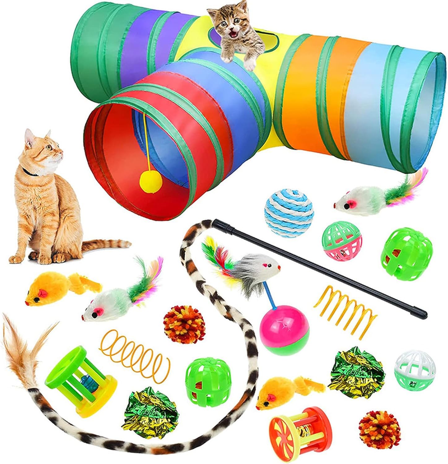Pet Cat Toy Rainbow Tunnel Set with Multiple Fun Cat Sticks, Mouse and Cat Toy Supplies
