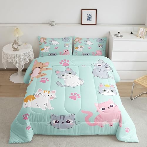 Miniatura 2 de Erosebridal Juego de ropa de cama para niños, tamaño individual, diseño de gatos de dibujos animados, para niñas, niños y adolescentes, edredón con