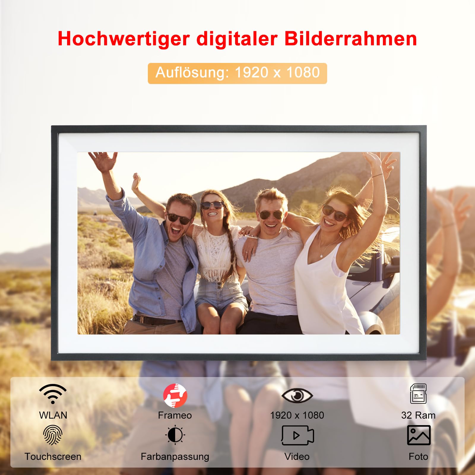 Frameo Marco de fotos digital de 15,6 pulgadas, WiFi, 1920 x 1080 FHD IPS, pantalla táctil inteligente, marco de fotos electrónico grande con 32 GB, rotación automática, compartir imágenes, vídeos