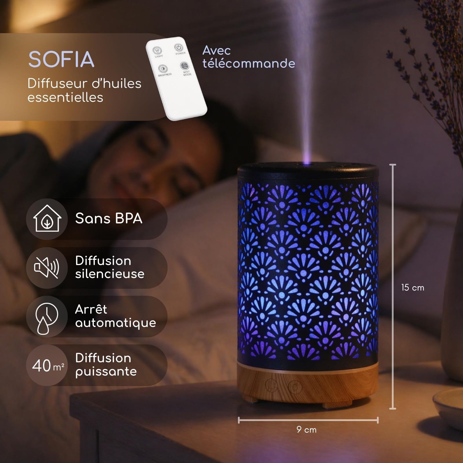 Zen’Arôme Diffuseur Ultrasonique Aromathérapie Sofia - Diffusion Huile Essentielle à Froid - Diffuseur Électrique avec Télécommande - Éclairage Led Personnalisable – Coque en Métal avec Décor Original