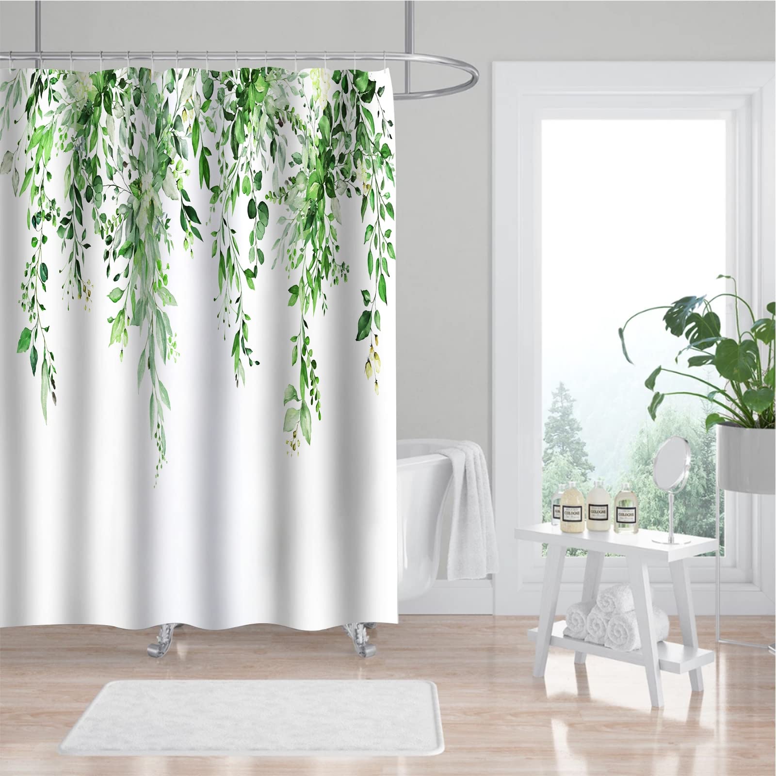 Shower Curtain 180 x 200 cm Curtains Bathroom Shower Curtain Plants Green White Bath Curtain Anti Mould Textile Washable Waterproof - Image 3