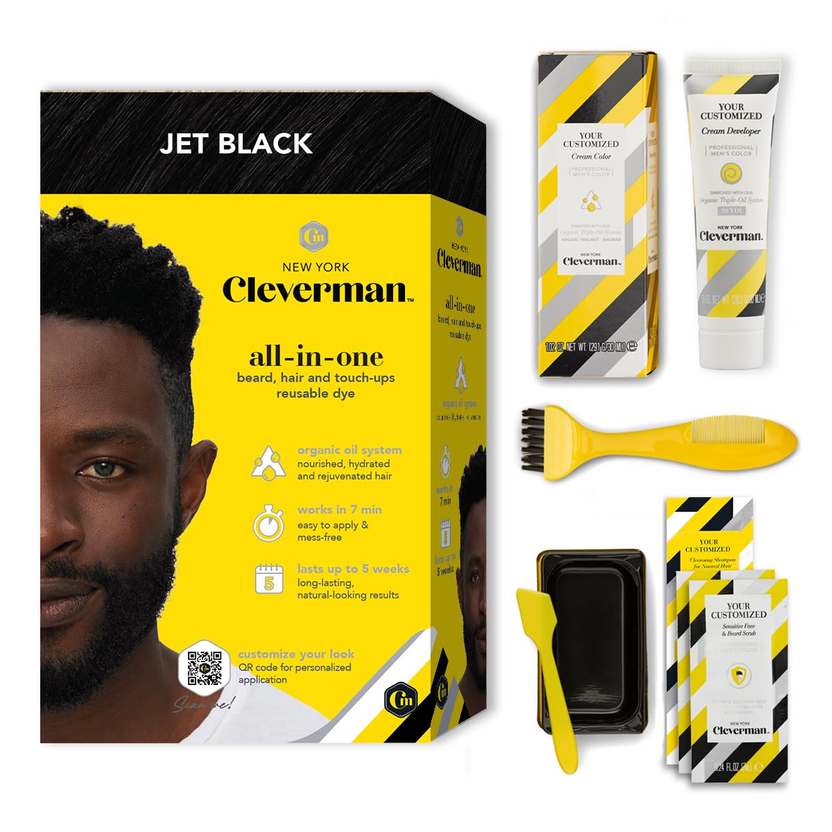 CLEVERMANHair & Beard Dye Kit for Men, All-in-One Reusable Mens Hair Color, Natural Gray Coverage, Ammonia-Free Beard Mustache Dye for Men (Jet Black for Black Men)