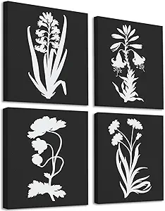 crmotu Black and White Wall Art Set of 4, Minimalist Botanical Prints Rustic Home Decor, Neutral Floral Vintage Canvas Painting, Nature Pictures Wall Decor Living Room Bathroom Kitchen, 12x16inch