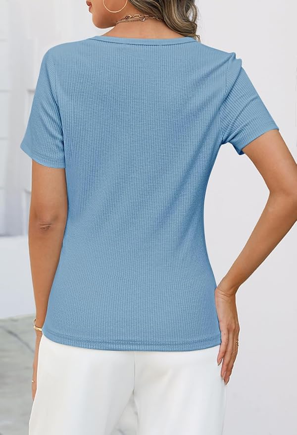 MEROKEETY Women's Summer Short Sleeve V Neck T Shirts Casual Ribbed Button Henley Knit Tops Blouse, SkyBlue, S by MEROKEETY - Used condition - Image 2