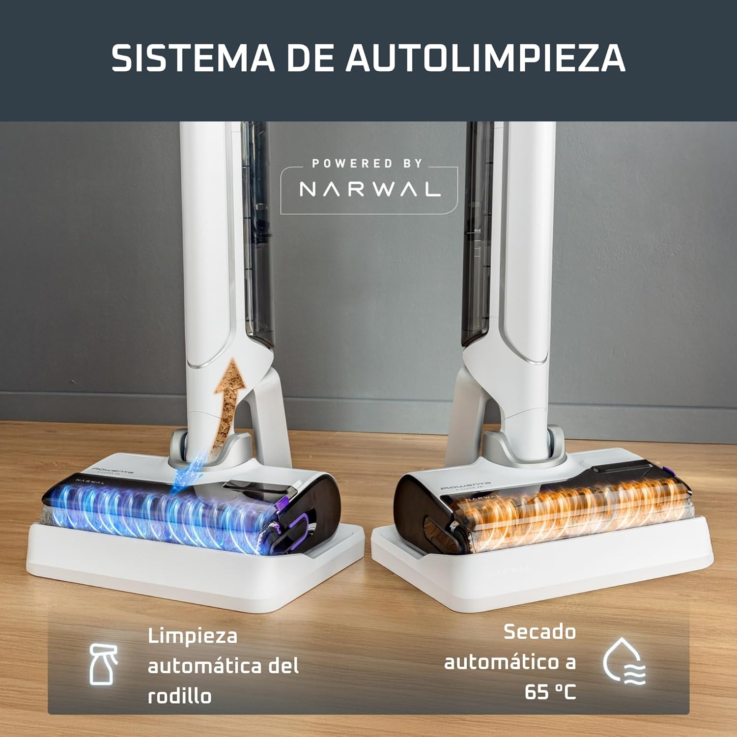 Two Rowenta X-Clean 10 units on their charging bases, one showing automatic roller cleaning with blue light, the other showing automatic drying at 65°C with orange light.