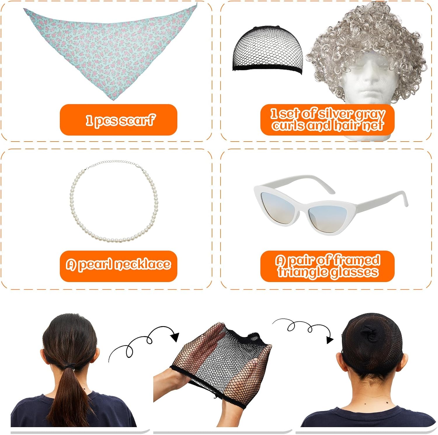 Zhanmai 7 Pcs Halloween Old Lady Costume Set 100 Days of School Grandma Costume Granny Dress for Woman Cosplay Accessories(blue Green Flower, X-Large, Adult) - Image 6