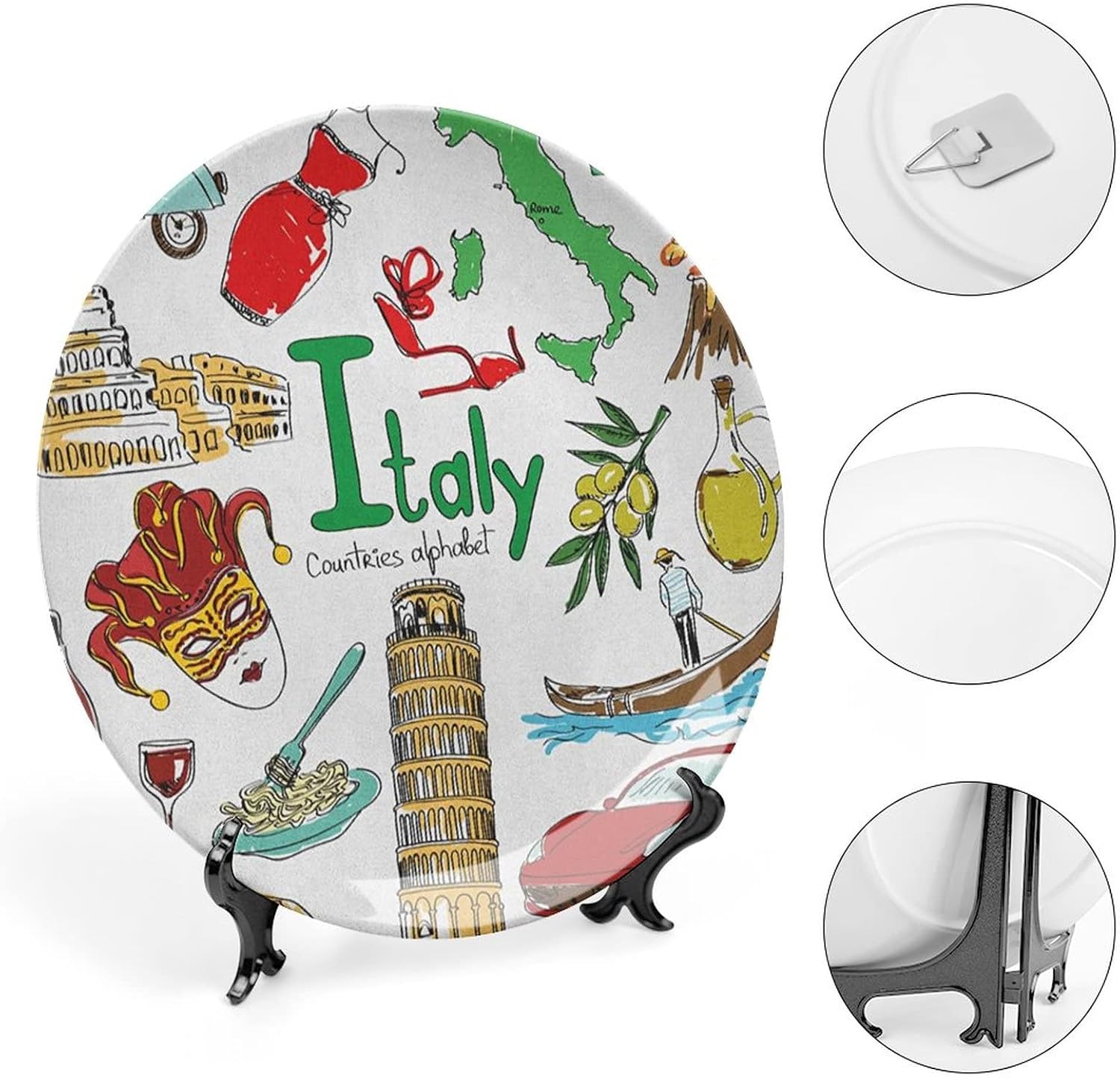 XISUNYA 10 Inch Decorative Plate, Italy Tableware Plate, Fun Colorful Sketch Italy Icons Countries Alphabet Print Ceramic Wall Hanging for Home & Office Wall Hanging Decor