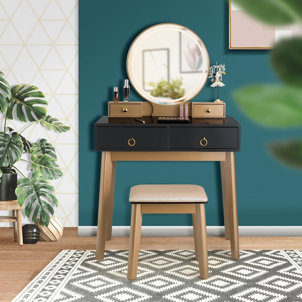 CHARMAID Vanity Desk with Lighted Mirror, Black Makeup Vanity Table with 4 Storage Drawers, 3 Lighting Modes, Solid Wood Legs, Modern Dressing Table with Vanity Stool for Small Bedroom