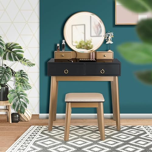 Miniatura 6 de CHARMAID Vanity Desk with Lighted Mirror, Black Makeup Vanity Table with 4 Storage Drawers, 3 Lighting Modes, Solid Wood Legs, Modern Dressing Table