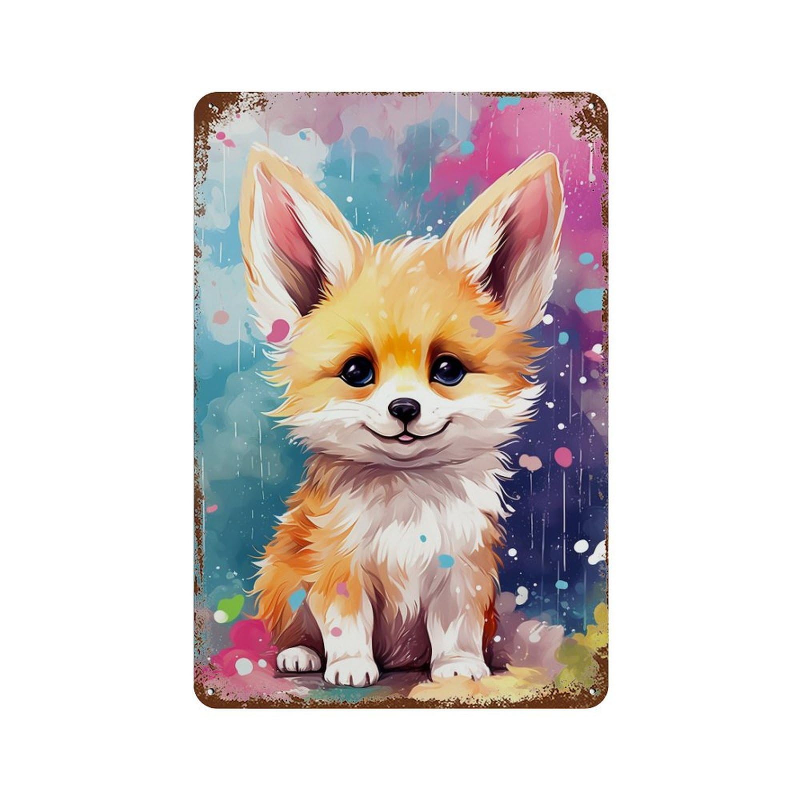 Rainbow Fox Cub Art Print Rustic Tin Plaque 11.8"x7.9", Classic Wall Plaque for Garage, Pub Or Kitchen