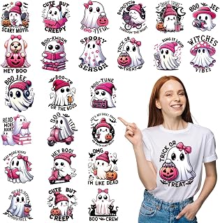 24Pcs Halloween Dtf Transfers Ready to Press Pink Ghost Iron on Transfers Pumpkin Iron on Decals Patches Spooky Season Heat Transfer Vinyl Stickers for Clothing Pillows Bag DIY Crafts