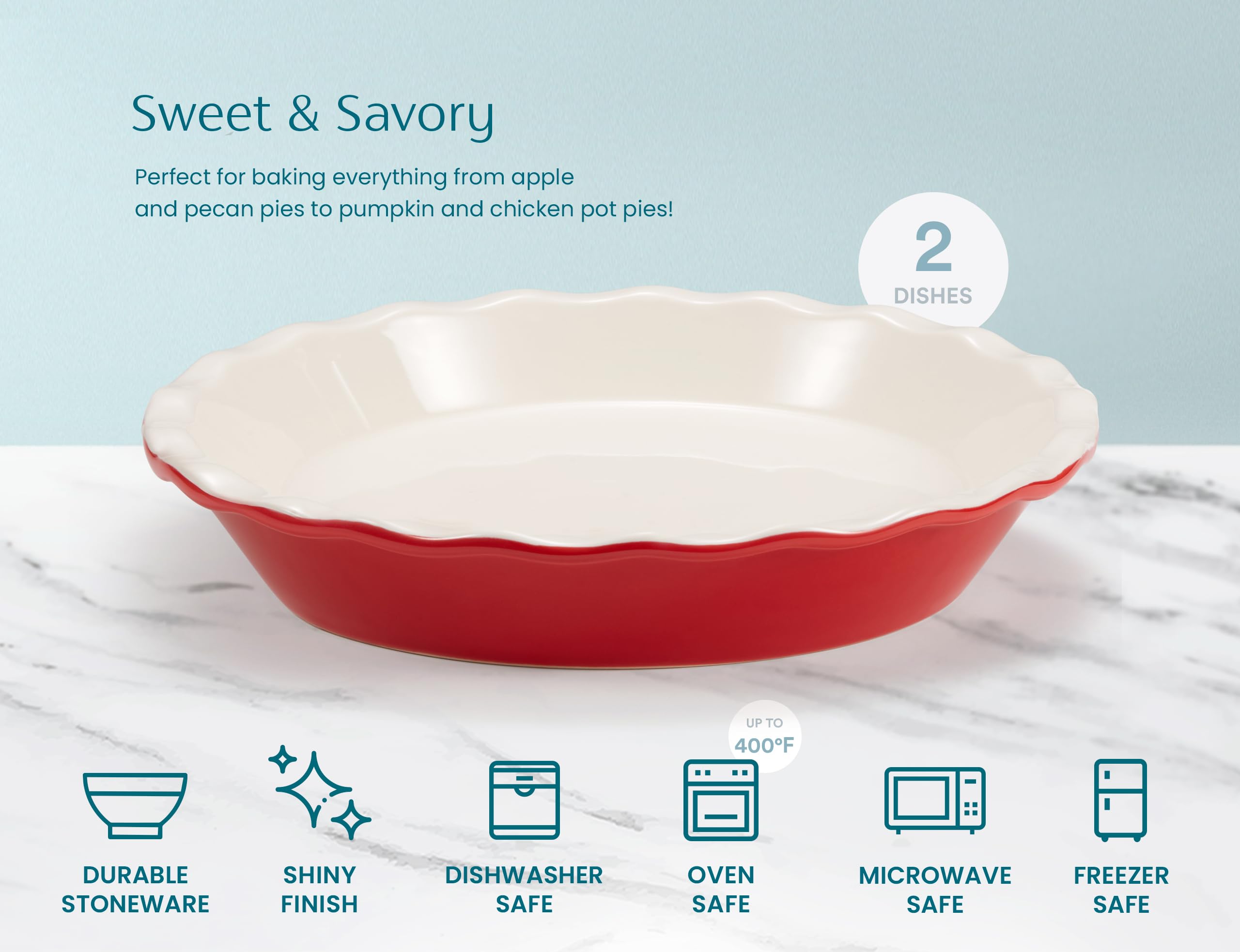 KooK Moule à tarte rond réutilisable en porcelaine et céramique avec bord ondulé pour gâteaux, tartes, casseroles, tartes, quiches, micro-ondes, four et lave-vaisselle, 22,9 cm, 1 020,6 g, cerise