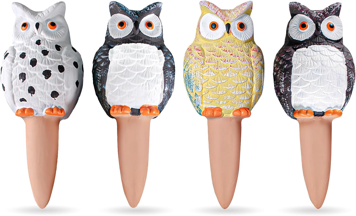 MCleanPin 4 Pack Self Watering Spikes and Globes, Handmade Terracotta Owl Self-Watering Plant Devices with Slow Release System, Automatic Water Bulbs for Indoor and Outdoor Garden Pots Vacation