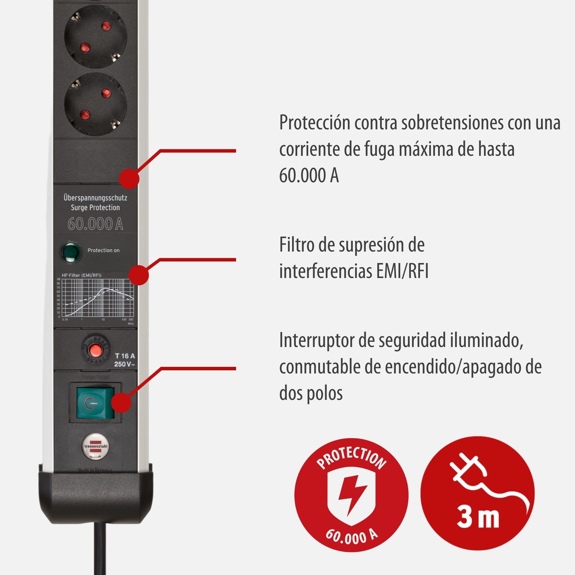Brennenstuhl Premium-Protect-Line regleta enchufes de 8 Tomas con protección sobretensión (Cable de 3m, Interruptor, protección hasta 60.000A, Fabricado en Alemania) Plateado/Negro