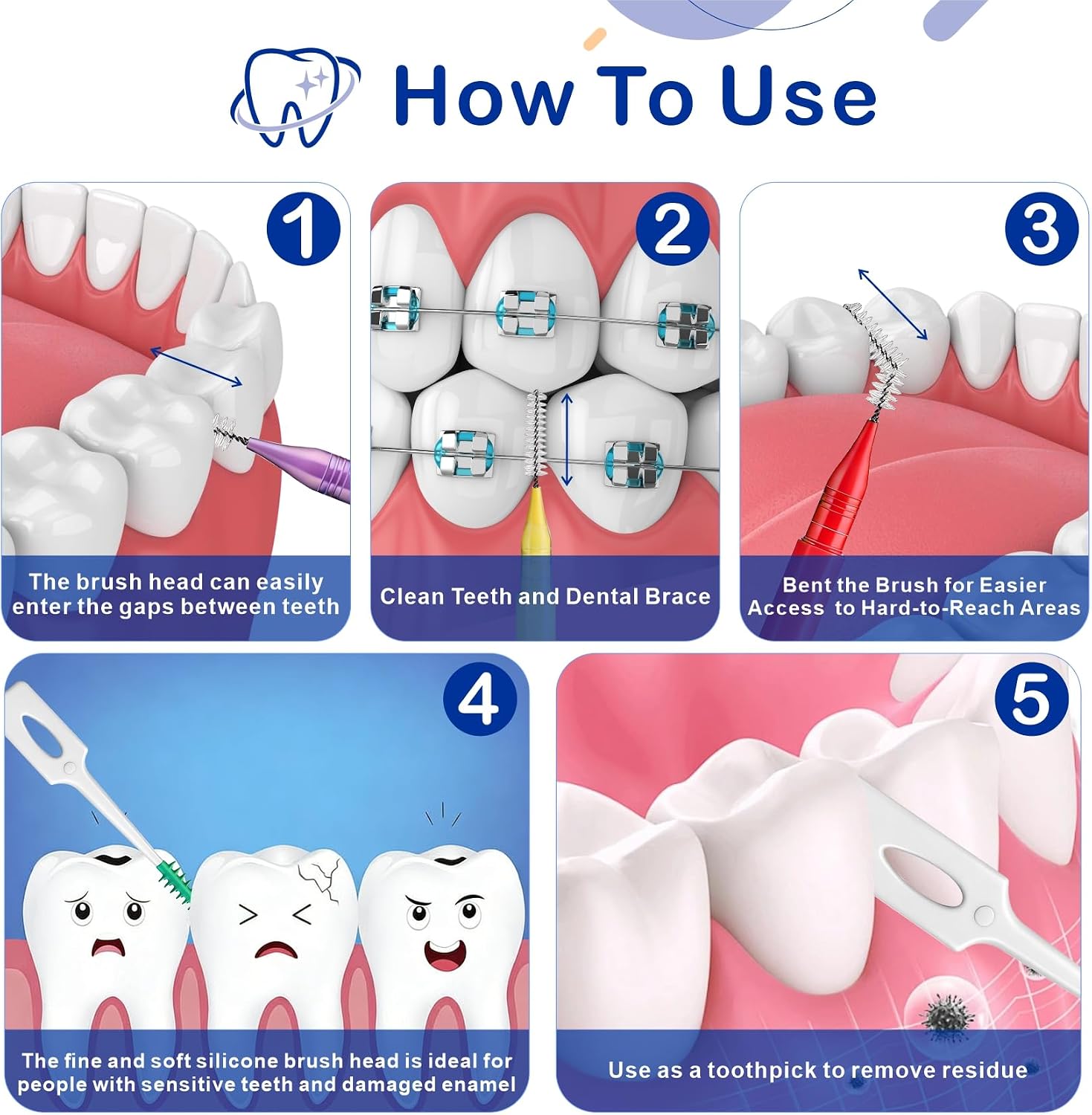 300Pcs Interdental Brushes Braces for Cleaning | Bristled Dental Picks for Plaque Removal, Disposable Toothbrush Flossers for Teeth Cleaning (Multi Colors, Mixed Sizes)