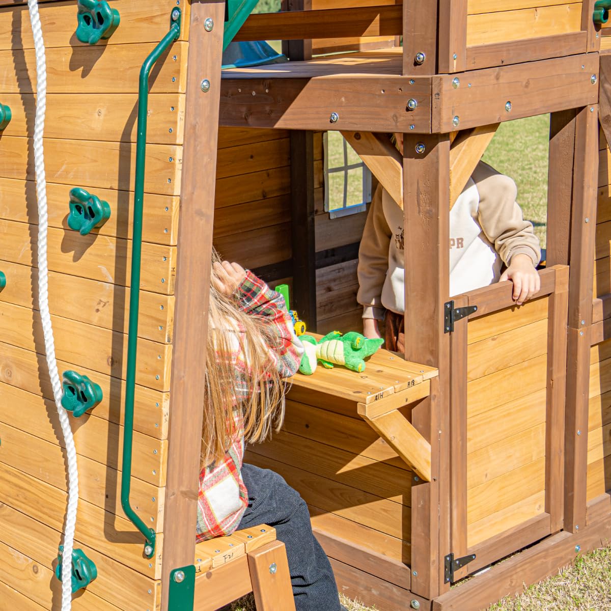 DOLPHIN PLAYGROUND T Schaukel-Set mit Rutsche, 2 Schaukeln, Trapezstange, Kletterwand & Spielhaus mit Spielküche und Holzdach – Outdoor-Spielgerät aus Zedernholz für Kinder ab 3 Jahren | Rutsche, 2 Schaukeln, Trapezstange, Kletterwand – Outdoor-Spielgerät