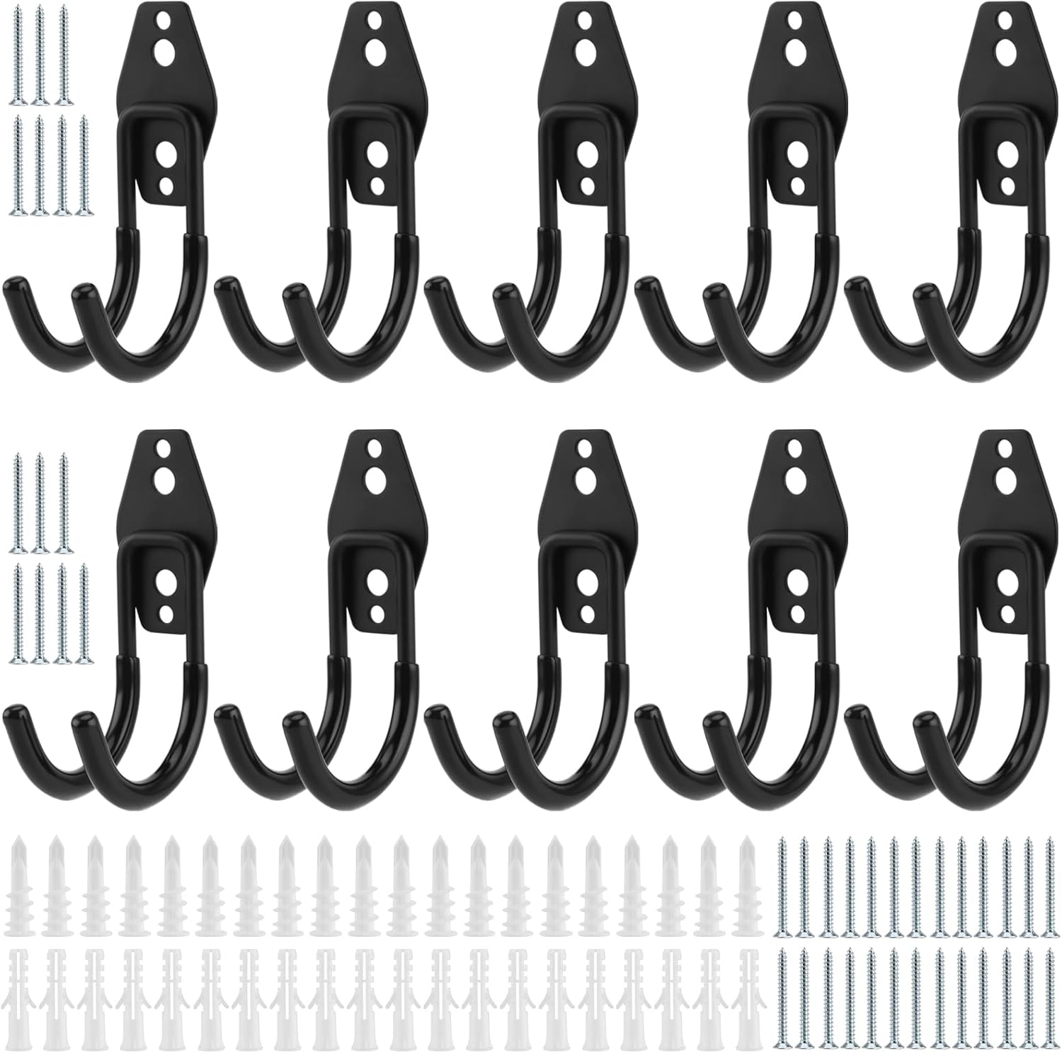 FUNSUEI 10 PCS Heavy Duty Double Storage Hook, Garage Hooks Heavy Duty Black, Garage Tool