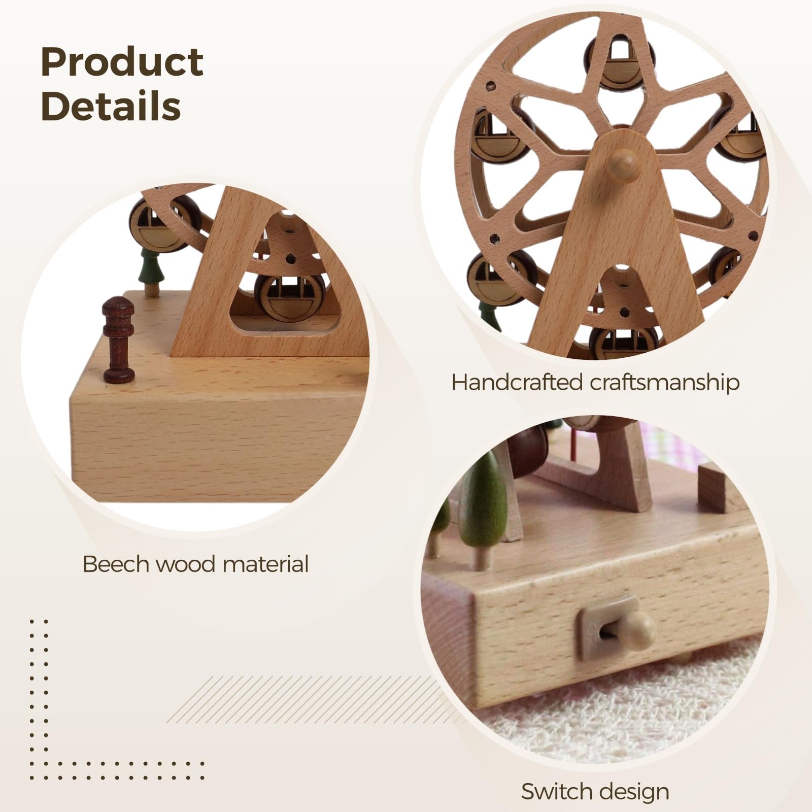 Generisch Holz-Riesenrad-Spieluhr, drehbares Deko-Karussell aus Buchenholz, handgefertigtes Geschenk, Wohndeko für Erwachsene, detailreiche Verarbeitung, Romantisches Erinnerungsstück