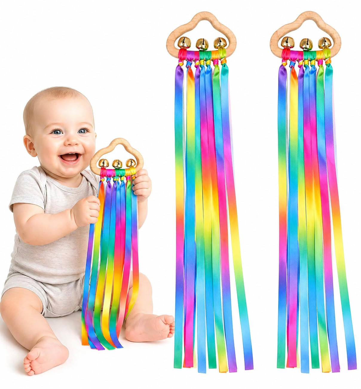 Sensory Wooden Ring Baby Toys โ Montessori Rainbow Ribbon Rattle Toys with Bells, Educational Sensory Toys for Babies & Toddlers, Wooden Cloud Grip Toy for Crawling & Play (Style B) โ image 1