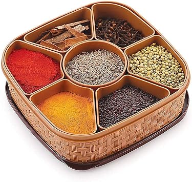 Plastic Square 7 Sections Multipurpose Masala Rangoli Dabba Box Set, Spice Box Set - Brown Masala Box - 7 in 1