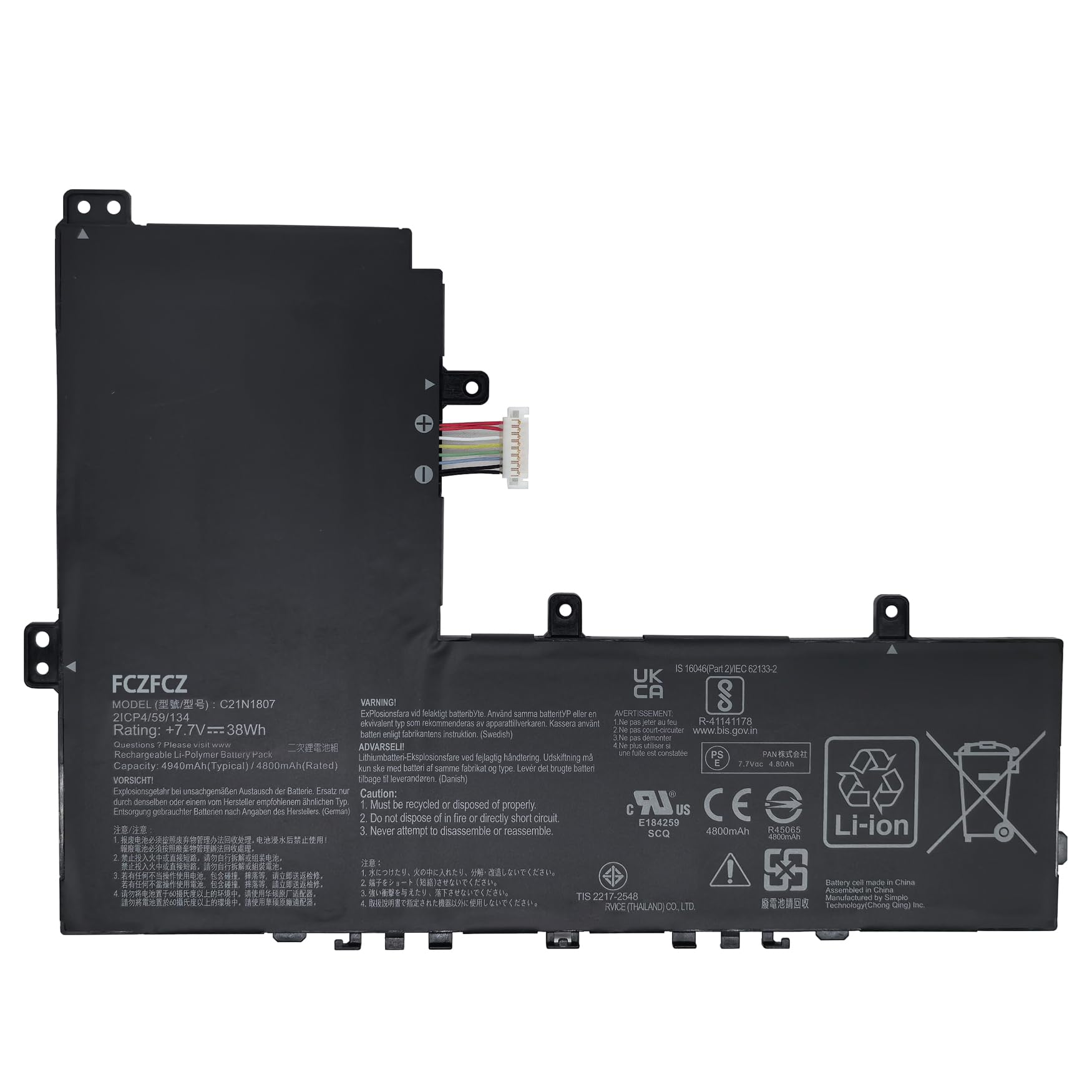C21N1807 Battery 38Wh 4940mAh Replacement for Asus ChromeBook C223NA C223NA-DH02 C223NA-GJ0025 VivoBook E12 E203NA-FD020TS E203NA-FD048T Series C21PICH 0B200-03040000 2ICP4/59/134 7.7V