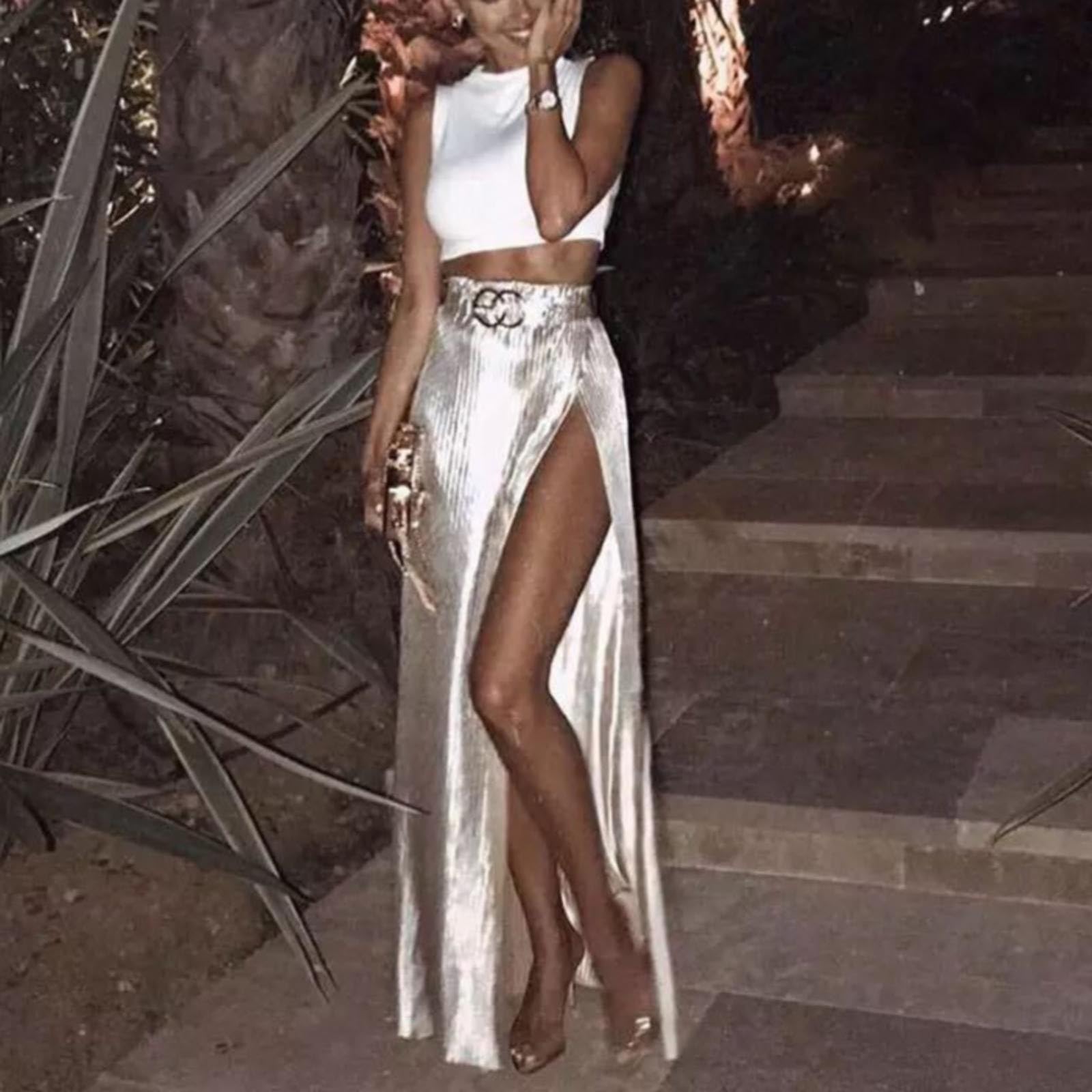 Femmes Printemps Minceur Rayures Élégant Haute Split Paillettes Couleur Unie Jupe Pantalon avec Cousu, Blanc., L