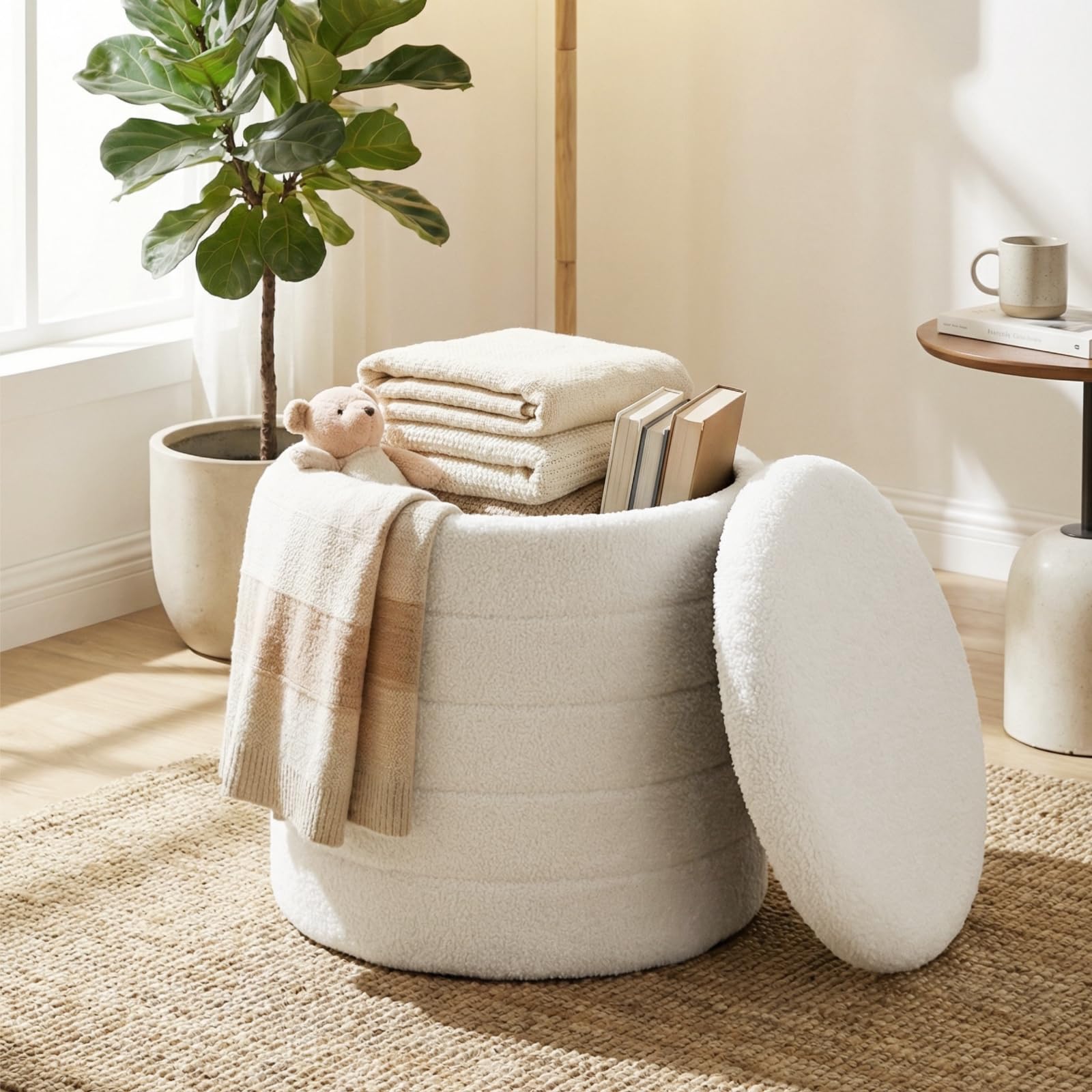 WOLTU Pouf Contenitore con Coperchio Reversibile e Removibile, Sgabello Pieghevole Rotondo, Ø40,5xA43 cm, in Tessuto Teddy e MDF, per Soggiorno, Camera da Letto e Ingresso, Bianco