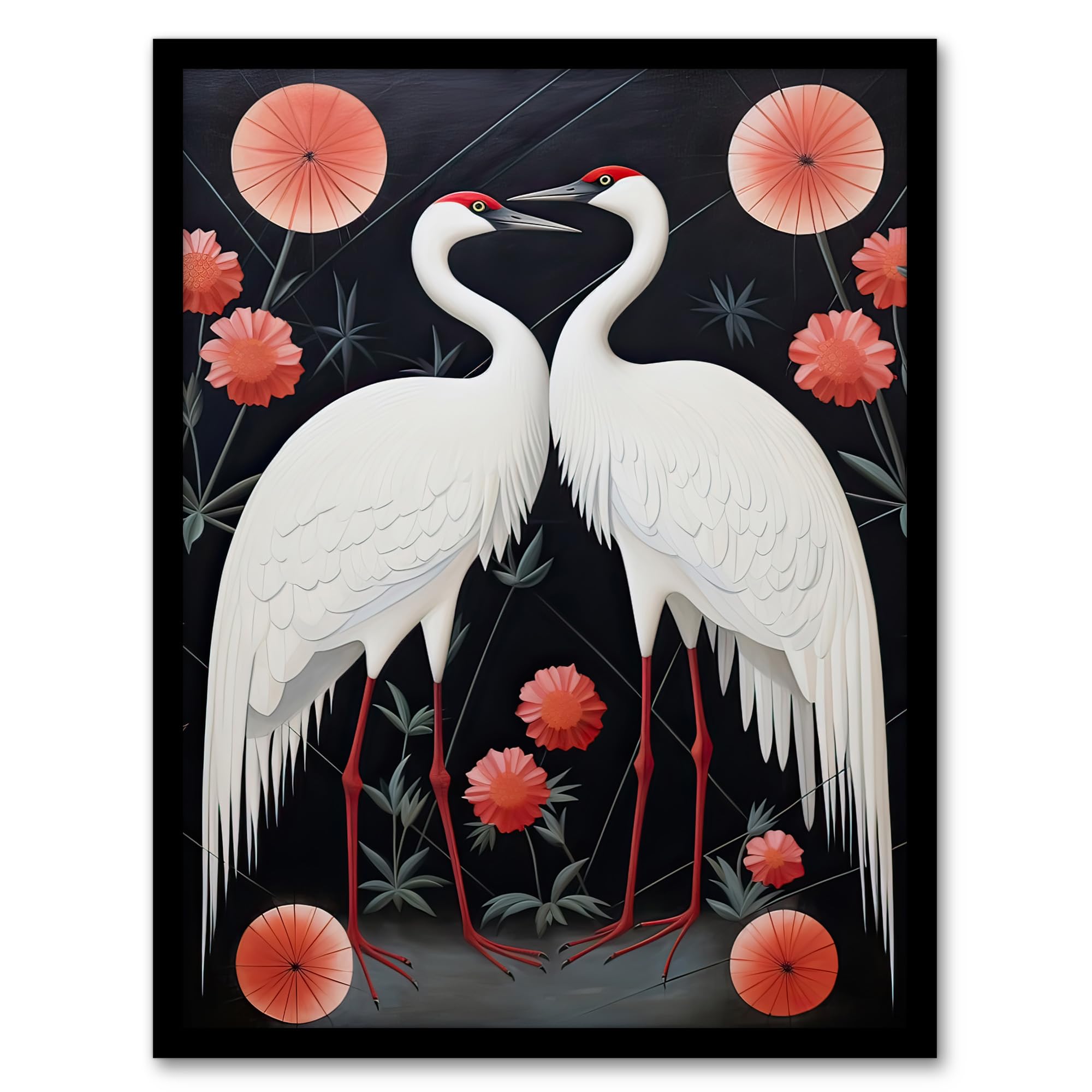 Artery8 Japanese Crane Dance Stylised Oil Painting Pink White Grey Birds and Pink Flowers Abstract Floral Landscape Artwork Framed Wall Art Print 18X24 Inch