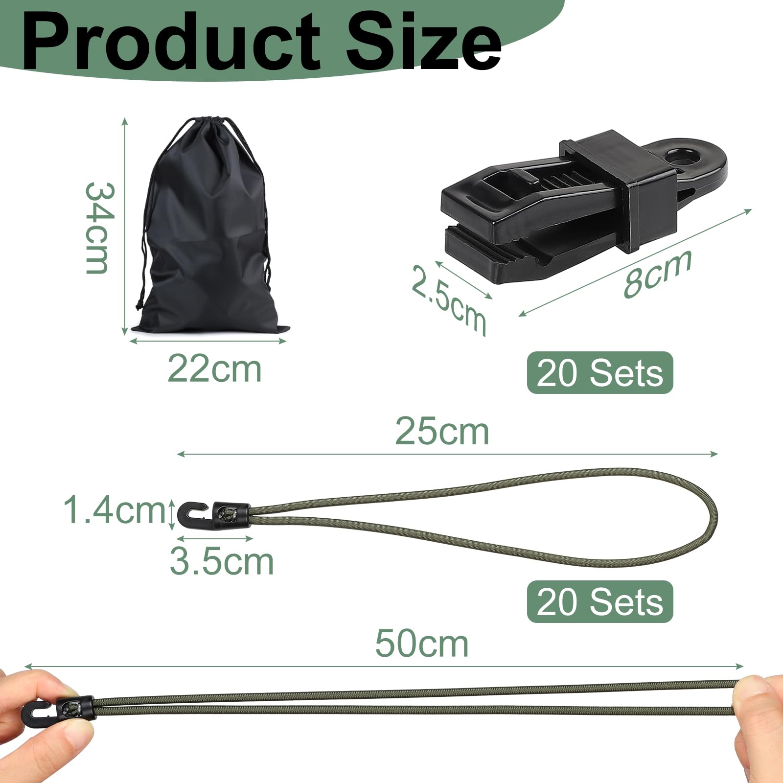 LALAGO Pack of 20 Bungees with Hooks + Tarpaulin Clips, Expander with Hooks 25 cm, Tarpaulin Tensioner with Tarp Clips - Image 2