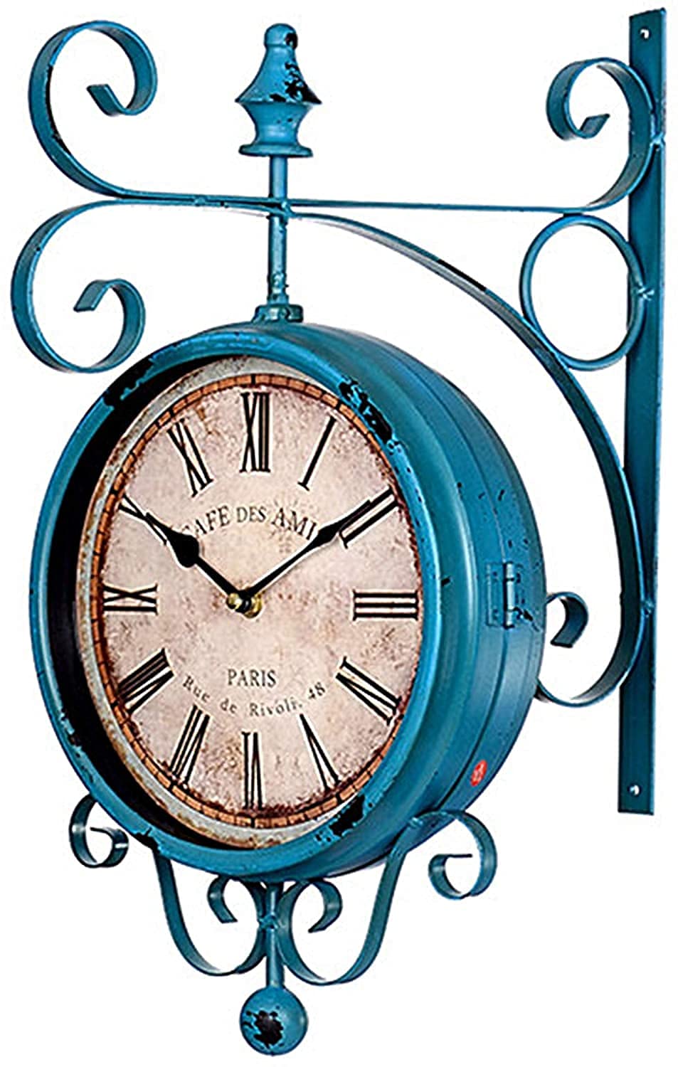 Horloge Murale,Horloge de Gare Double Face Bleue, Horloge de Jardin extérieure résistante aux intempéries, Rotation à 360 ° en Fer forgé, décoration rétro, horloges de Jardin extérieures pou
