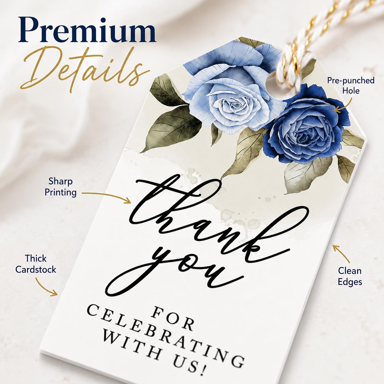 Andaz Press Geschenkanhänger mit Aufschrift "Thank You for Celebrating with Us", Karton, blaue Rosen, 5,1 x 9,5 cm, 100 Stück