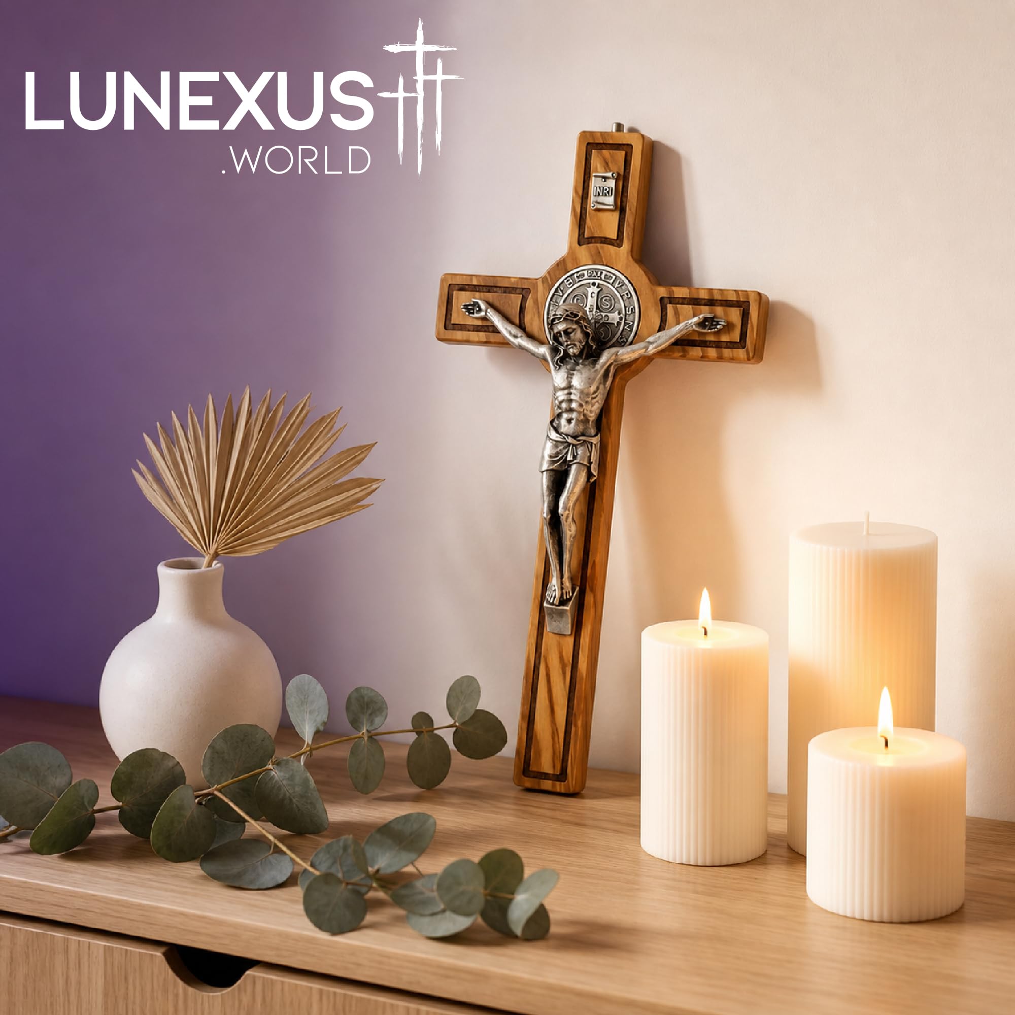Lunexus Krzyż Benedyktyński z Drewna Oliwnego, 28x15 cm, Błogosławiony | Ręcznie wykonany krzyż z drewna oliwnego z Betlejem, 28x15 cm, z medalikiem św. Benedykta i certyfikatem błogosławieństwa.