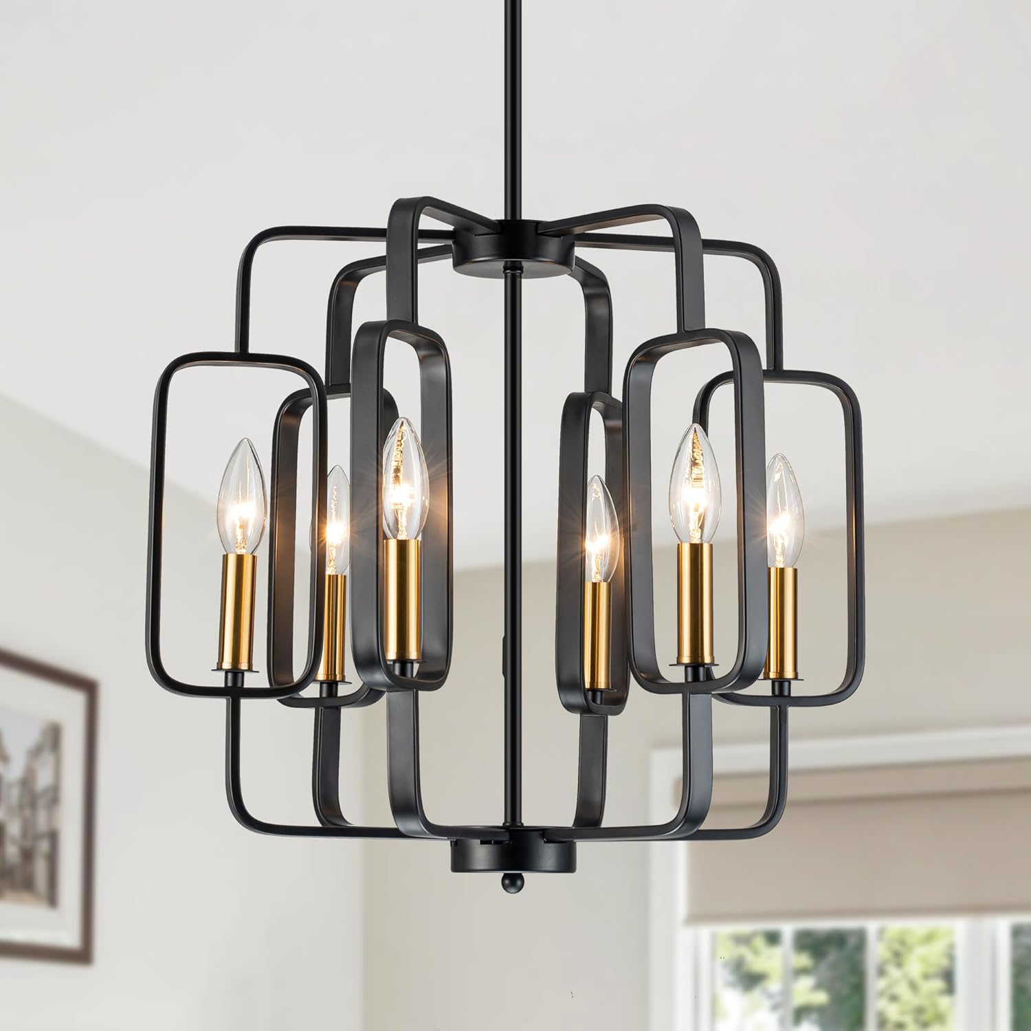 6- Lights Black and Gold Pendant Light with Metal Frame Industrial Chandelier Light Fixtures Adjustable Hanging Lighting for Kitchen Island Dining Room and Hallway