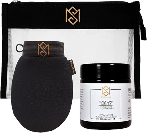MS Moroccan Source - Jabón negro y guante exfoliante para exfoliante corporal - Para exfoliación de piel muerta y limpieza profunda de poros - incl.