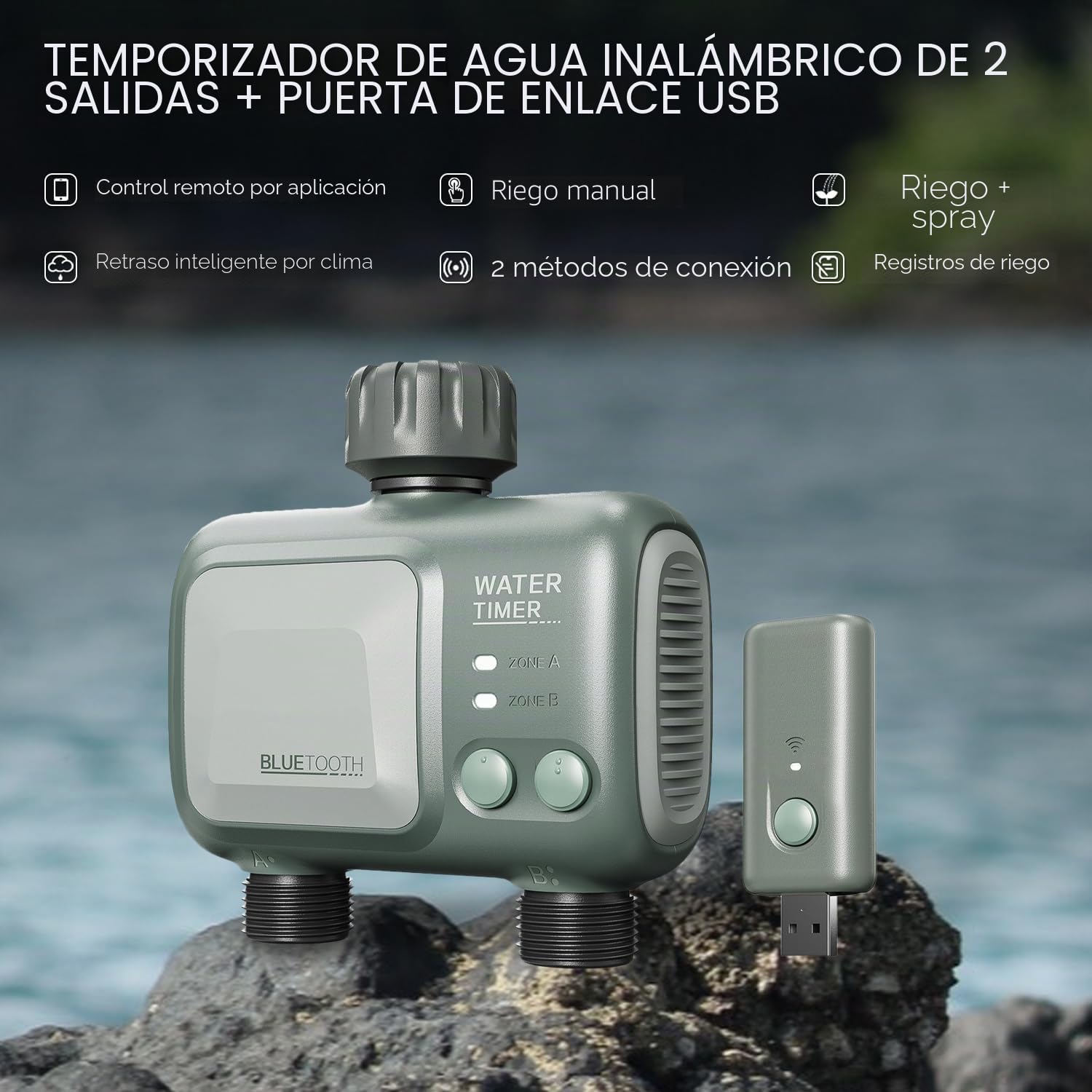 Programador Riego WiFi 2 Zonas, johgee riego automatico WiFi 2 Salidas, Temporizador Riego Inteligente con Control App y Clima Conectado, Temporizador de riego programable y riego Remoto