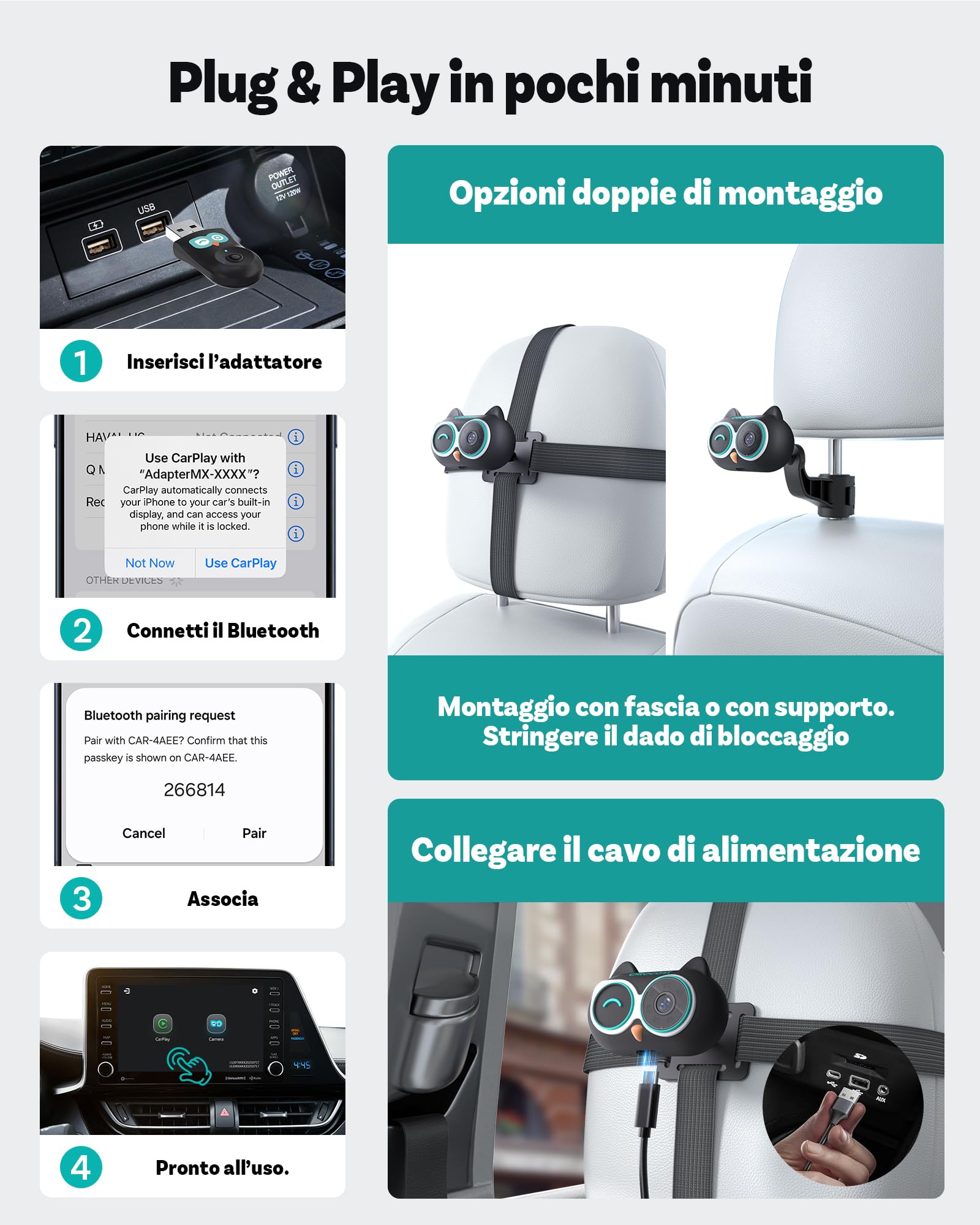 OTTOCAST Cabin Care 2026, 2-in-1 Adattatore CarPlay Wireless & Telecamera Bebè Auto 1080P, Visione Notturna IR, Grandangolo 150°, Monitor Sedile Posteriore, Compatibile con Auto CarPlay Cablate 2016+