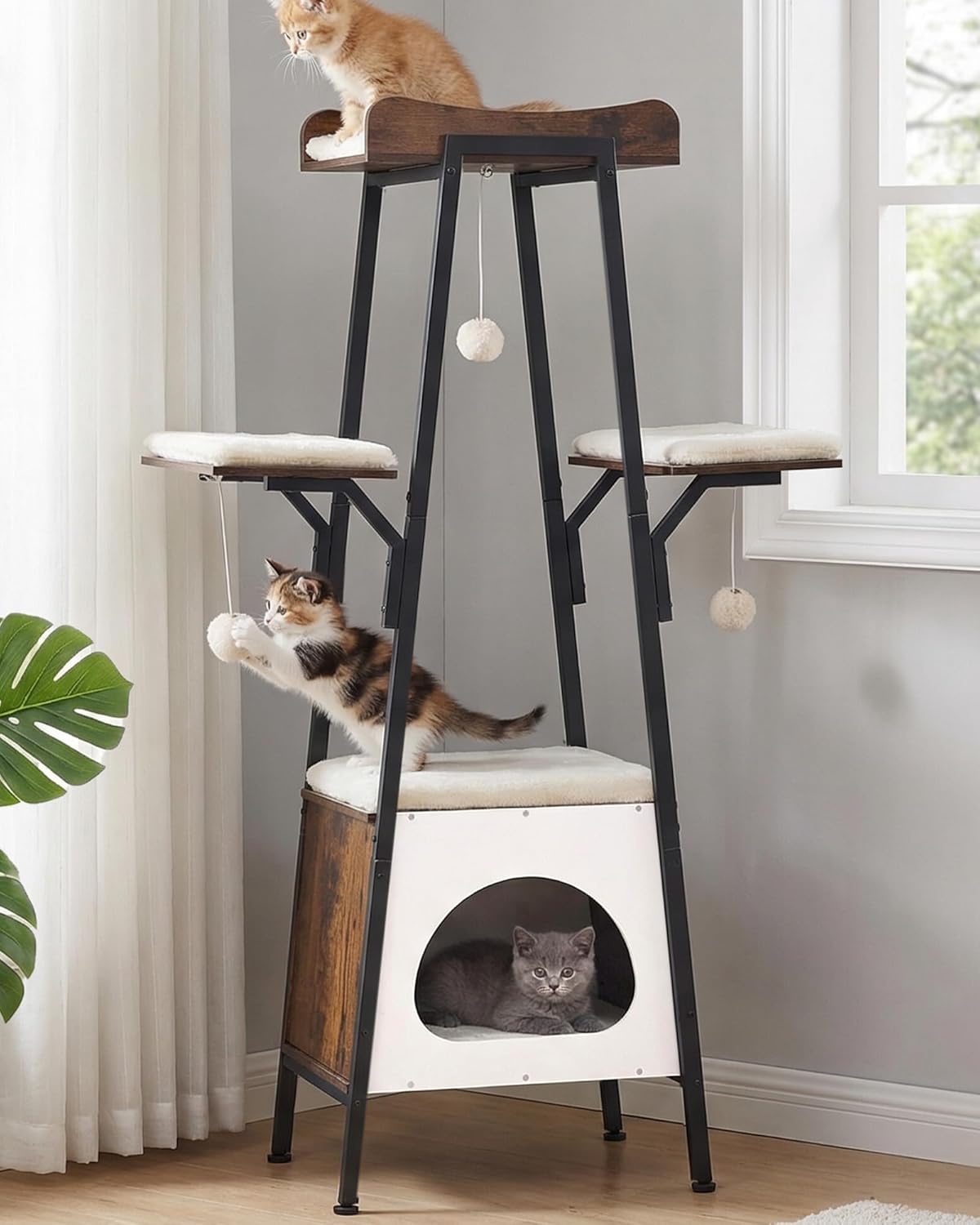 46-Inch Modern Cat Tree Tower for Large Cats, Multi-Level Cat Tower with Playful Toy Balls, Large Perch, Cat Condo, Removable Pads, White