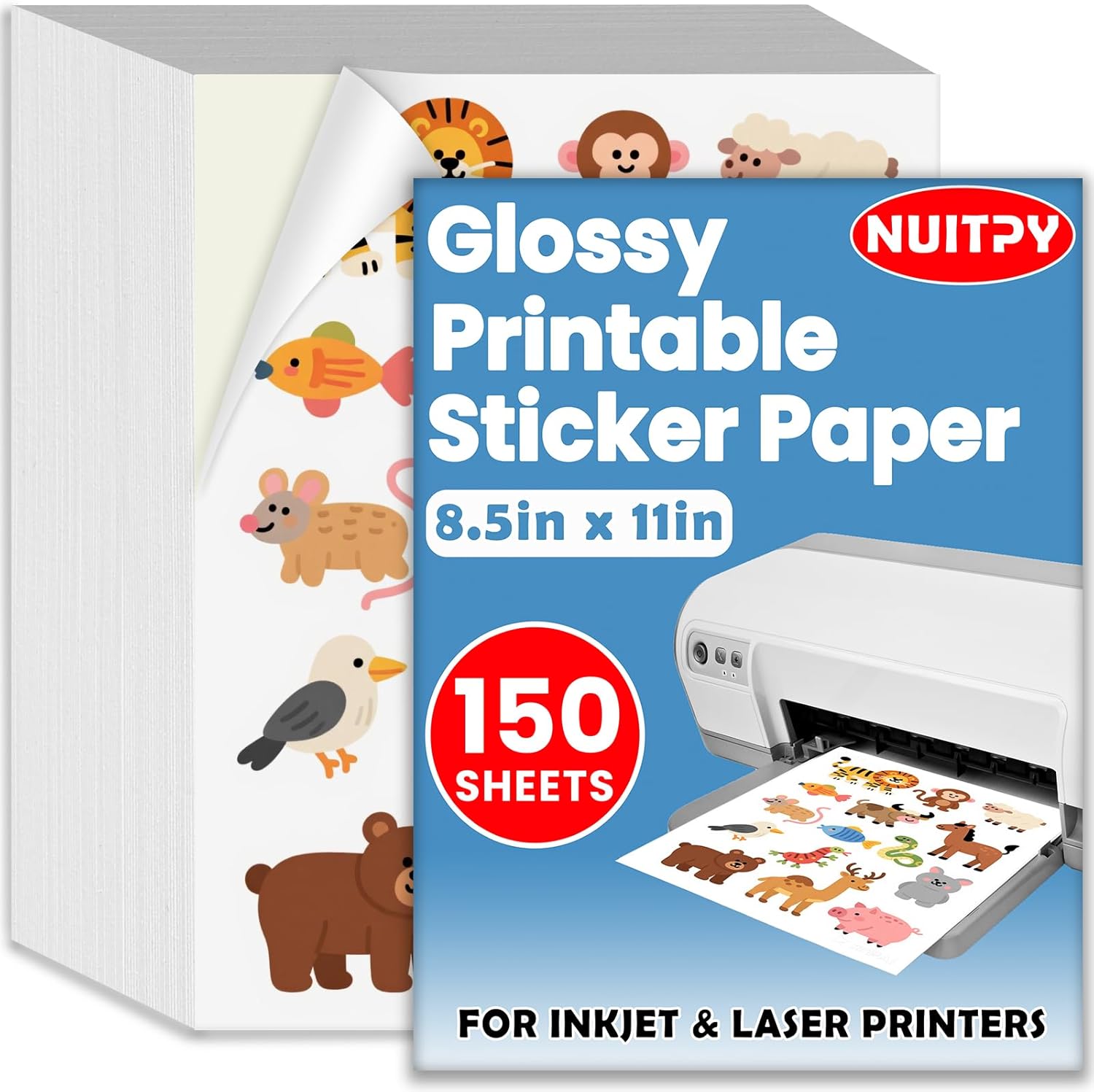 150 Sheets Glossy Sticker Paper, 8.5in x 11in Sticker Paper for Inkjet & Laser Printer, Self-adhesive Printable Sticker Papers, Vibrant Colors, Dries Quickly, US Letter Size