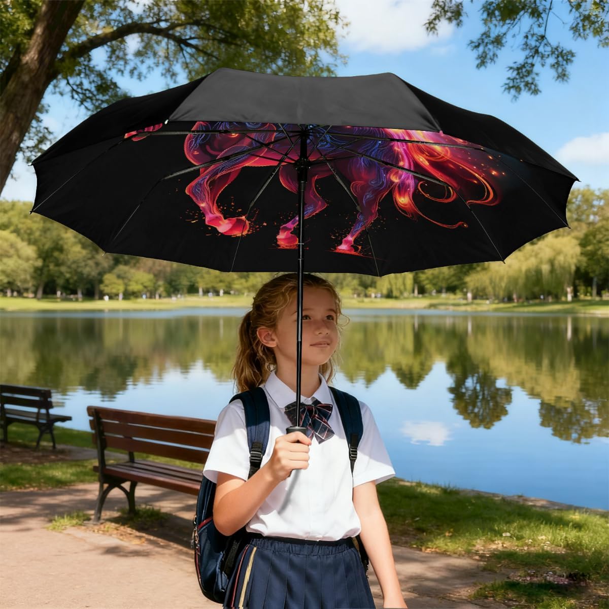Abstract Space Horse Folding Umbrella Windproof Compact Lightweight Travel Umbrella with 8 Reinforced Ribs, Portable UV Sun & Rain Protection for Men & Women