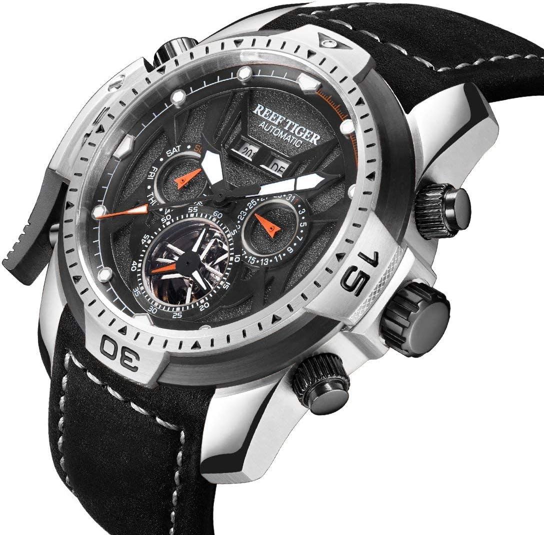 REEF TIGER Mens Sport Watches Stainless Steel Automatic Watch Military Watches Leather Strap RGA3532 (RGA3532-YBBLO)