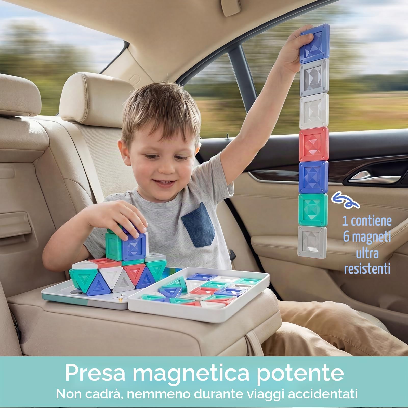 Mattoncini magnetici da viaggio a partire dai 3 anni, 40 pezzi di mattoncini magnetici Montessori, giocattolo educativo con scatola di stagno portatile e piastra di gioco integrata, mattoncini