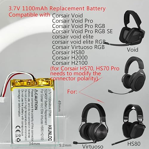 Miniatura 2 de DC 3.7V 523450P 1100mah Reemplazo de batería para Corsair Void Elite RGB Corsair Virtuoso RGB Corsair HS80 Corsair Void Corsair Void Pro Corsair