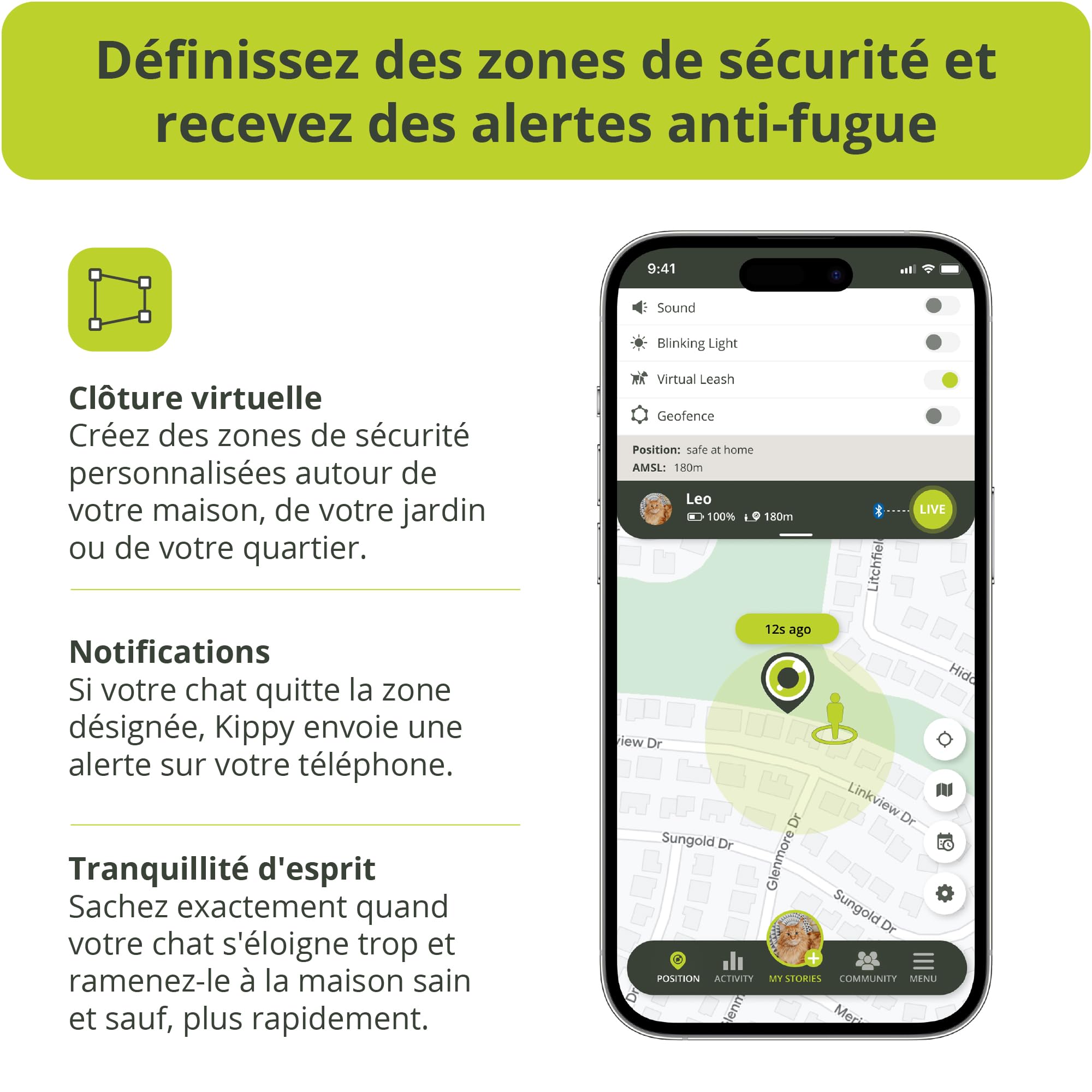 Kippy Cat V2 - Collier GPS pour Chats - Localisateur et Tracker de Santé et d'Activité avec Système Anti-Étranglement - Créer des Frontières Virtuelles - Suivi en Temps Réel