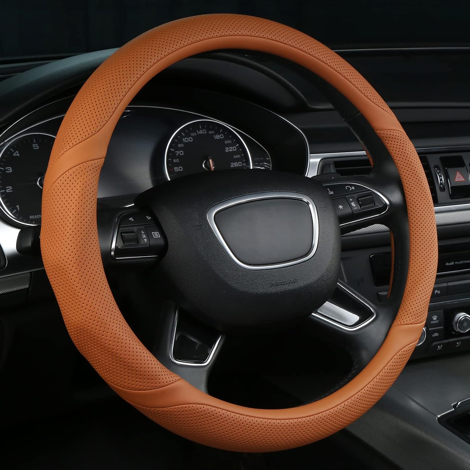 ALEMODR Cayenne Orange Leather Steering Wheel Cover Universal 15 inch