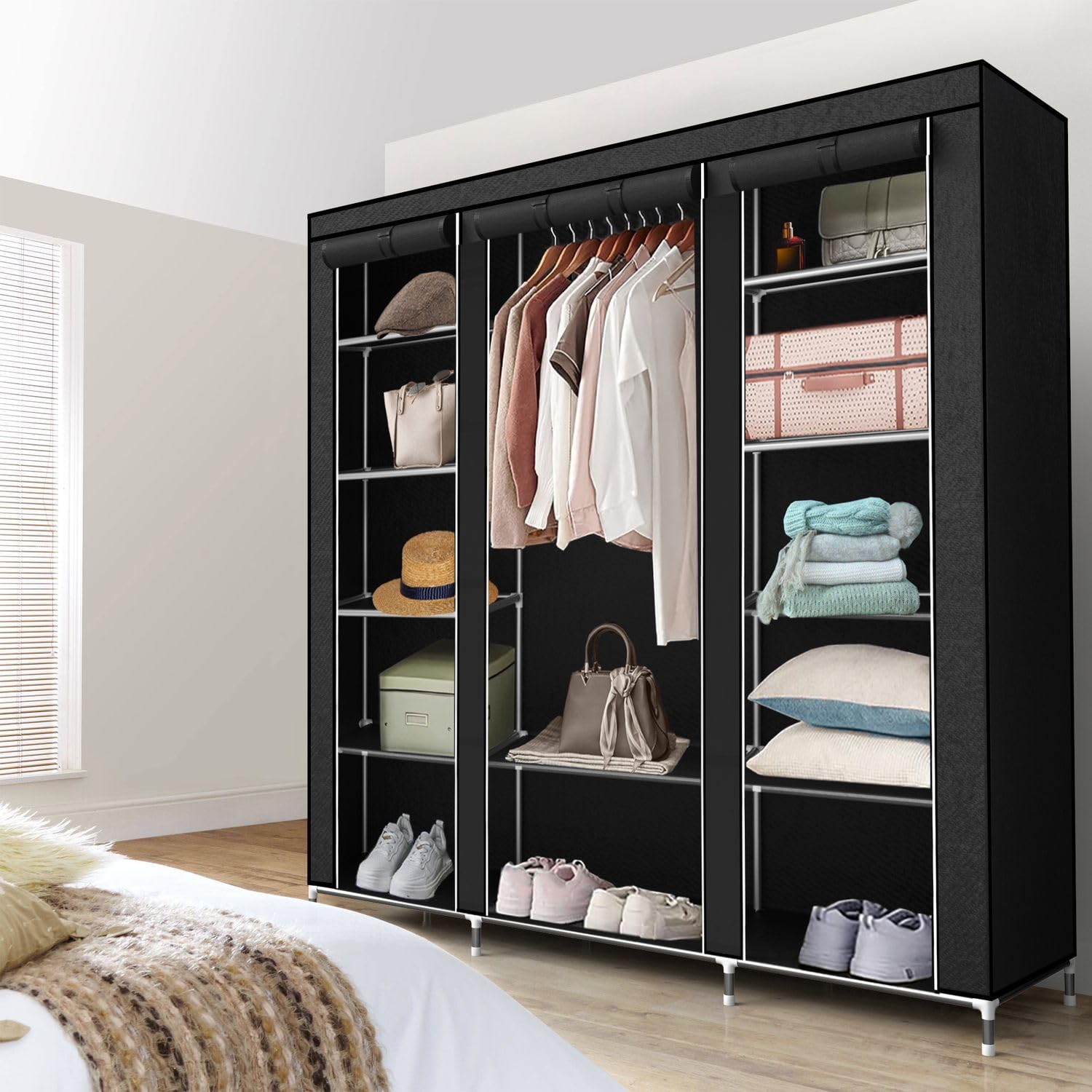 Intirilife Armoire de Rangement Pliable 150x175x45 cm en Noir Corbeau - Penderie Dressing Textile en Tissu Intissé avec Fermeture à Glissière - Garde-Robe Placard Camping
