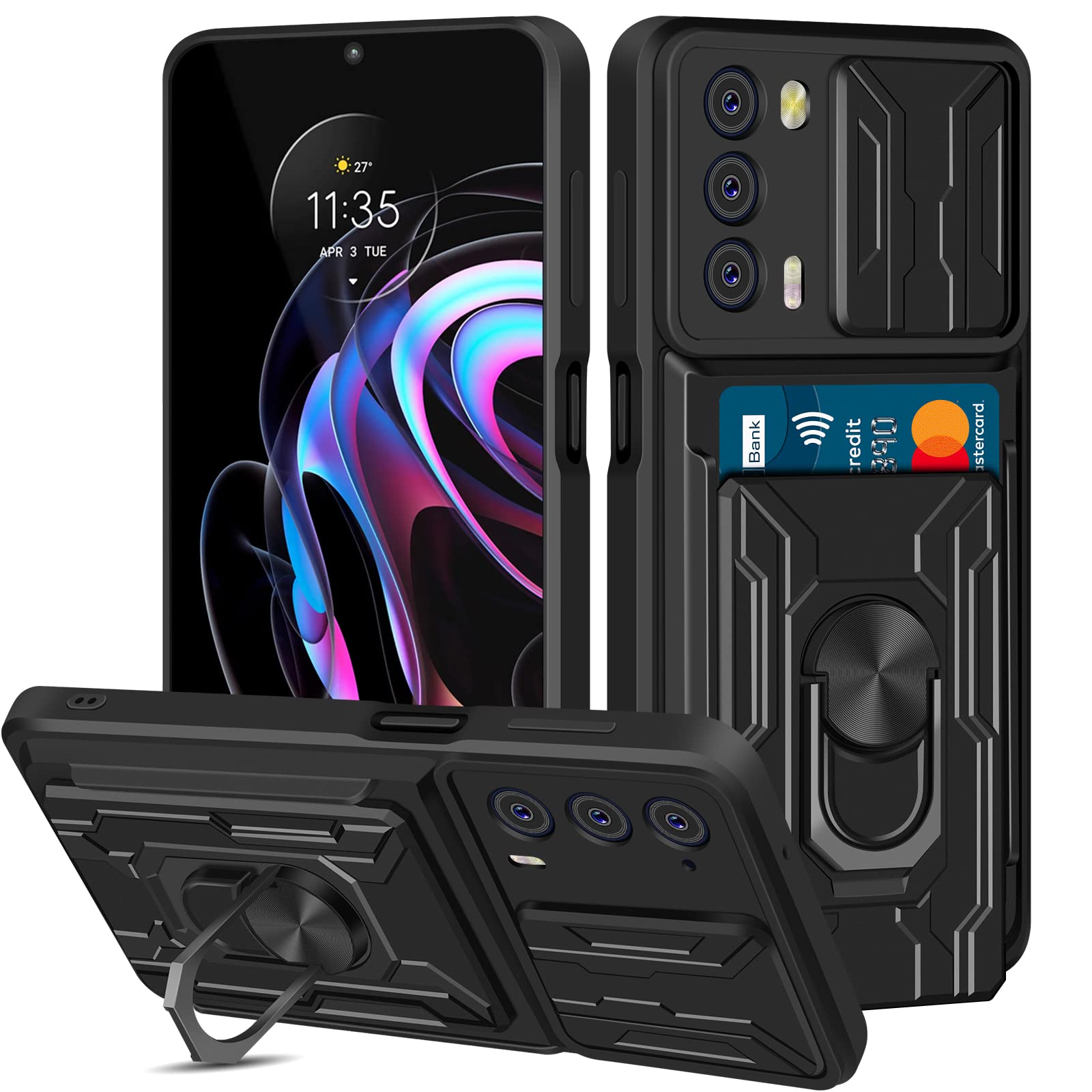 Vofolen for Motorola Moto Edge 2021 Case Wallet with Slide Camera Cover Detachable Credit Card Holder Kickstand Ring Stand Rugged Shockproof Military