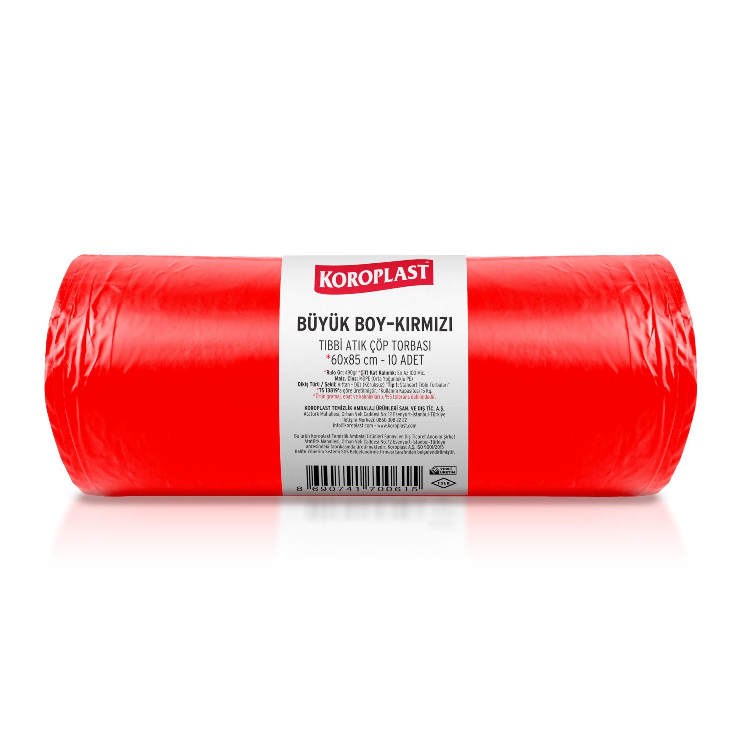 Koroplast Büzgülü Tıbbi Atık Poşeti Büyük Boy 60x85 cm, 10x10'lu Sızdırmaz Yırtılmaz Profesyonel Çöp Poşeti, Geri Dönüştürülebilir Kolay Bağlanır Tıbbi Atık Torbası, Hastane, Klinik Büzgülü Çöp Poşeti