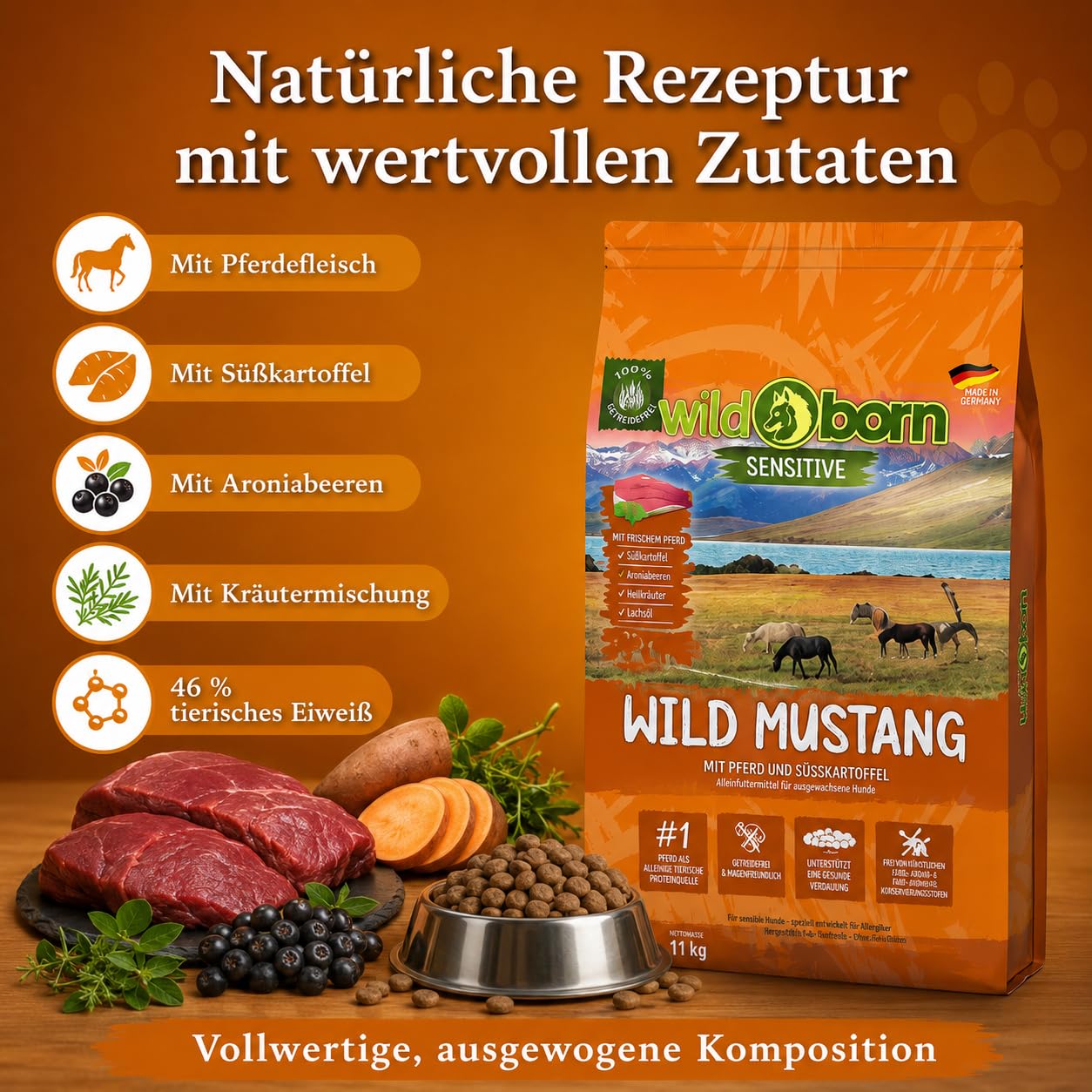 Wildborn Wild Mustang 1 x 11 kg getreidefreies Hundefutter mit Pferdefleisch, Süßkartoffel & Aroniabeeren | Monoproteinprodukt auch für Allergiker geeignet