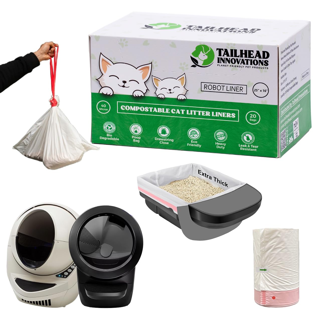 Revestimientos para robot de arena – Compatible con Litter Robot 3/4 – 25 pulgadas x 16 pulgadas – Cierre de cordón – Libre de olores y toxinas – 100% compostable – 40 micras de grosor – Resistente a
